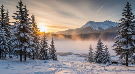 Fototapeta premium Serene winter landscape at sunrise with snow-covered pines mountains and grazing deer creating a