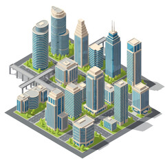 Fototapeta premium Isometric city block with modern skyscrapers and urban infrastructure.