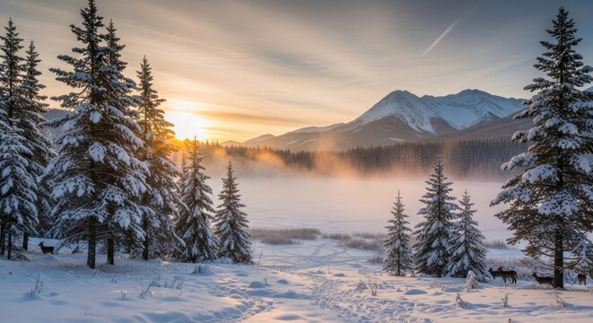 Serene winter landscape at sunrise with snow-covered pines mountains and grazing deer creating a