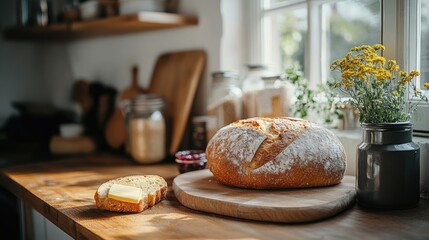 Freshly Baked Artisanal Bread and Butter on a Sunny Kitchen Counter