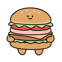 Adorable cartoon hamburger character with a smiling face, perfect for kids' menus, fun food promotions, and playful marketing campaigns, originally designed as vector art