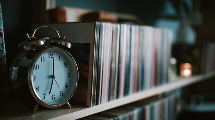 Vintage alarm clock on a shelf beside a collection of music albums in a cozy setting