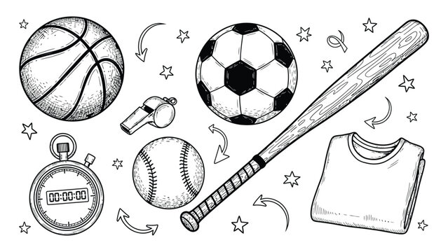 Vintage sketch of basketball soccer baseball bat whistle and jersey for sports enthusiasts