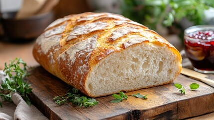 Freshly Baked Sourdough Loaf on Rustic Wooden Board with Herbs