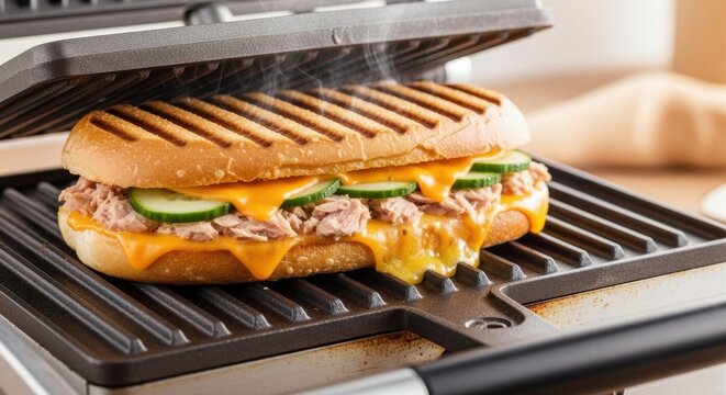 Melting cheese and tasty sandwich grilling on panini press for a quick meal