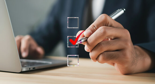 Person in a suit marking a checklist with a pen on a wooden desk near a laptop.