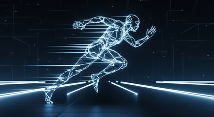 Futuristic runner sprinting with glowing neon speed lines, a modern concept for innovation, progress, and high performance technology solutions