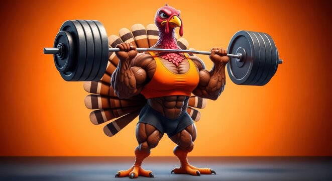 A muscular turkey lifting a barbell with weights on an orange background, showcasing strength and fitness for thanksgiving