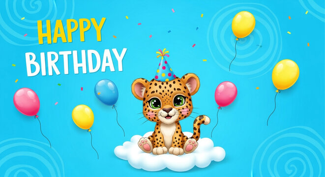 Celebrate a roaring good time with this adorable cartoon leopard birthday card, perfect for kids parties and invitations with colorful balloons - Powered by Adobe