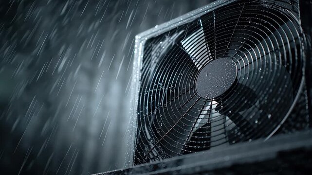 Raining on the HVAC Unit: A close-up view of an air conditioning unit stands exposed to the elements, as heavy rain pours down, creating a dramatic interplay of water and technology.