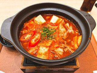 Delicious healthy chicken soup with vegetables and meat in a bowl, ready for dinner or lunch