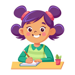 A joyful cartoon girl with purple hair in buns is writing in a notebook at a desk, with a small potted plant nearby.