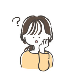 頬に手を添え疑問符を浮かべる若い女性のベクターイラスト