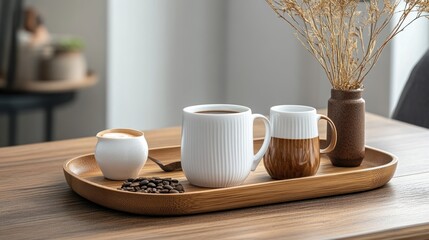Morning Coffee Setup with Latte and Beans on a Rustic Wooden Tray