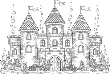 Detailed medieval castle underwater, sunken fortress, fantasy fairy tale background, isolated black and white outline vector