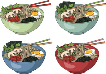 Four bowls of ramen noodles with chopsticks, traditional Japanese cuisine, Asian food, isolated color vector illustration set