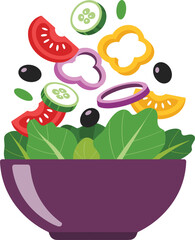 Fresh salad ingredients tossing into purple bowl, healthy eating, cooking, vegetable diet, isolated flat vector illustration
