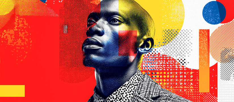 Bold portrait modern art halftone dots geometric shapes vibrant color abstract background digital collage graphic design male model futuristic style - Powered by Adobe