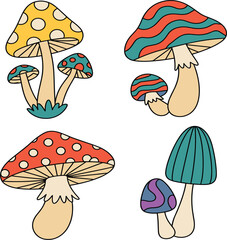 Set of four colorful whimsical mushrooms, psychedelic cartoon fungi, fantasy nature elements, isolated retro vector illustration design