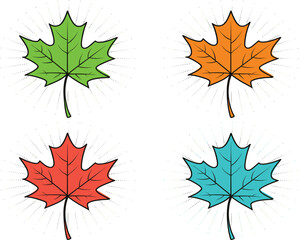 Four colorful maple leaves set with starburst effect, autumn season, Canada symbol, isolated stylized vector elements design