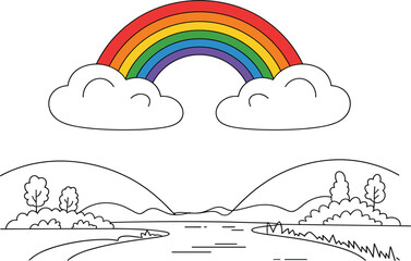 Rainbow and clouds above simple line art landscape, hope, nature, weather, travel, stylized isolated vector illustration