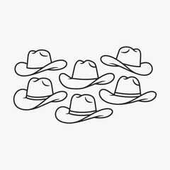 Collection of stylized cowboy hat silhouettes. They are all different sizes and shapes.
