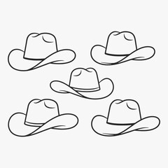 Collection of stylized cowboy hat silhouettes. They are all different sizes and shapes.