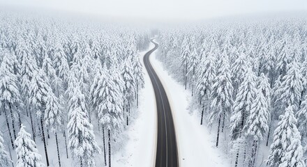Snowy forest road winding through winter landscape