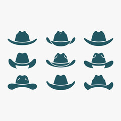 Collection of stylized cowboy hat silhouettes. They are all different sizes and shapes.