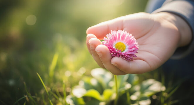 Close up of a hand gently holding a vibrant pink daisy flower in sunlight