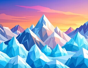 Geometric illustration of snow-capped mountains under a vibrant sunset sky