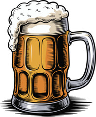 Full beer mug with foam, vintage woodcut engraving style, pub bar celebration drink, isolated vector illustration design