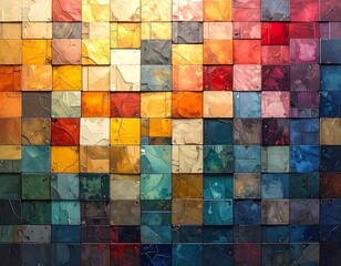 Geometric mosaic composed of textured, multi-colored squares, creating a gradient effect