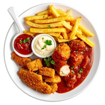 Overhead shot of a plate with fried foods, sauce, and condiments. The composition is arranged on a white surface, creating a vibrant scene
