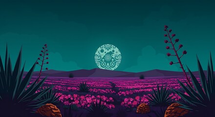 a landscape composed of stylized maguey (agave) plants and blooming Cempas&uacute;chil fields, under a deep teal and purple sky with a prominent, decorated moon in the center. 