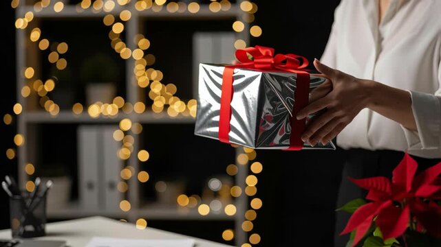 Workplace holiday decorations christmas new year gift present silver red workplace holiday decorations christmas new year gift present silver red festive office desk with wrapped gift bow lights