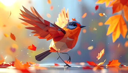A vibrant, geometric bird takes flight amidst falling orange and red leaves under a warm, golden sunlight. The scene is of autumn