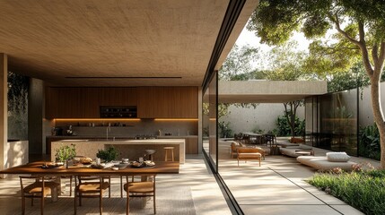 Modern Open Concept Home with Kitchen, Dining, and Lush Outdoor Patio