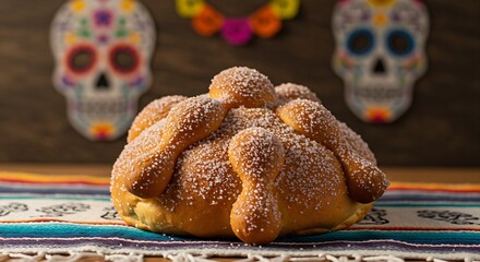 traditional Mexican Pan de Muerto bread, dusted generously with sugar, sitting on a colorful, woven sarape (textile) with a subtle, out-of-focus sugar skull pattern in the background.