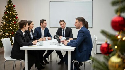 Holiday office meeting with Christmas decorations and new year festive tree focus while colleagues gather around conference table creating cheerful workplace holiday decorations mood workplace - Powered by Adobe