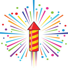 Launching bottle rocket firework with bright colorful explosion, party celebration, launch success, isolated festive vector illustration