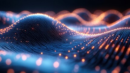 Dynamic Digital Waves with Sparkling Blue and Orange Light Elements