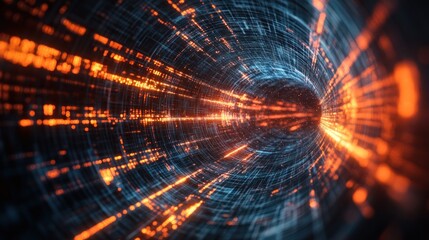 Abstract Futuristic Digital Tunnel with Glowing Orange Data Stream and Blue Grid