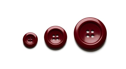Three oval shaped deep red buttons of varying sizes on a white background