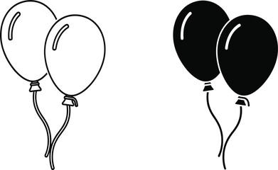 Two party balloons, outline and black silhouette pair, celebration, birthday, festive design elements, isolated vector illustration set
