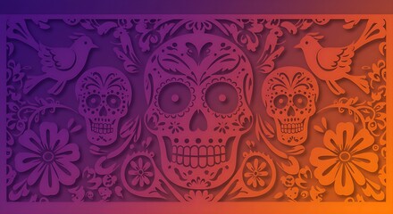 a central Calavera motif surrounded by symmetrical floral and bird cutouts, with a vibrant, gradient background that transitions from deep purple to sunset orange. Shadow effect, clean vector edges, 