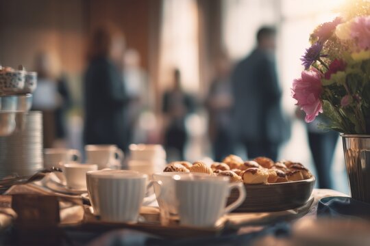 Elegant Coffee Break Setup at Business Event. A soft blur of a breakfast event where professionals network over morning coffee. High quality