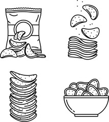 Line art potato chips icons set, snack bag, stacked crisps, bowl of crunchy junk food, isolated vector elements