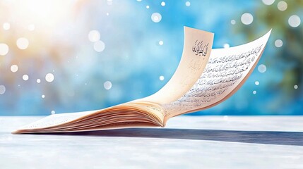 An open book with pages filled with Arabic calligraphy is caught in a gentle breeze, creating a sense of movement and spirituality.