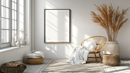 Bright Minimalist Interior with Rattan Chair, Dried Grass, and Sunlight Shadows